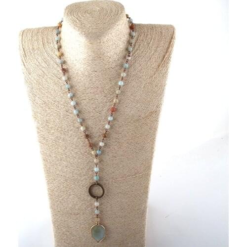 MOODPC Fashion Jewelry 6mm Natural Stone Rosary Chain And Glass Bead Stone Pendant Necklaces Women Ethnic Necklace