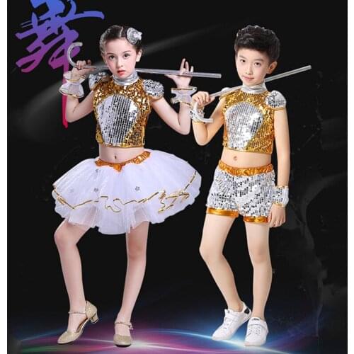 Childrens Jazz Dance Modern Cheerleading Costumes Hip Hop Boy Girls Crop Top Pants Sequins Jazz Dance Performance Set