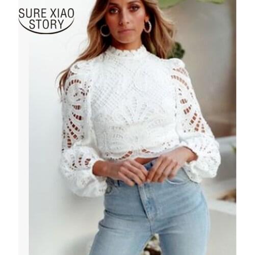 Elegant Womens Long Sleeve Lace Blouses Tops White Crochet Hollow Out Turtleneck Stylish Cropped Shirts Female Pullovers 16296