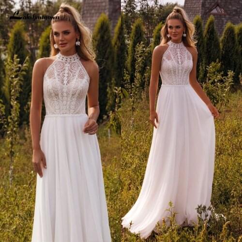 Elegant A-Line Chiffon Wedding Dress 2021 Sleeveless Lace Appliques Simple Boho Bridal Gown Halter Backless Robe De Mariée
