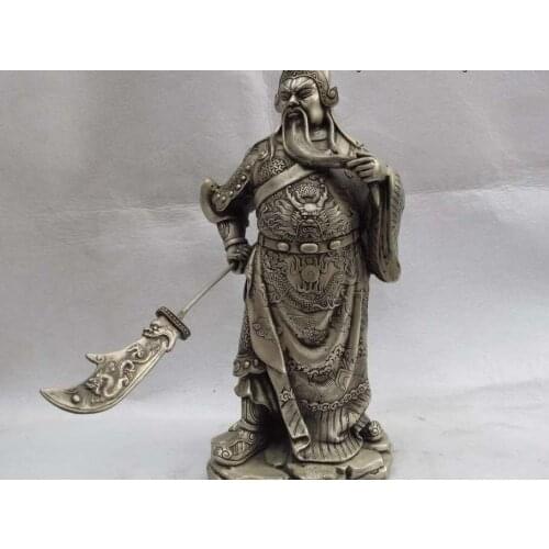 Chinese Folk Refined White Copper Bronze Silver Guan gong Guan Yu Warrior Statue