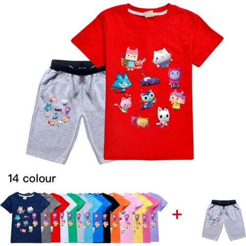 Gabbys Dollhouse Summer T-shirt 3D Cartoon Printed Pullovers Leisure Fashion Children Boys Girls Tees Tops + Pants Sports Suit