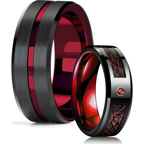 Fashion 8mm Men Red Groove Beveled Edge Stainless Steel Celtic Dragon Ring Zircon Inlay Red Carbon Fibre Ring Men Wedding Band