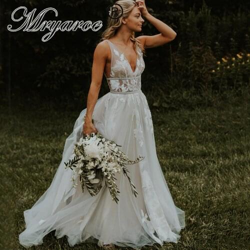 Mryarce Amazing Lace Floral Appliques Gray Wedding Dress V Neck Silver chic Bridal Gowns Open Back