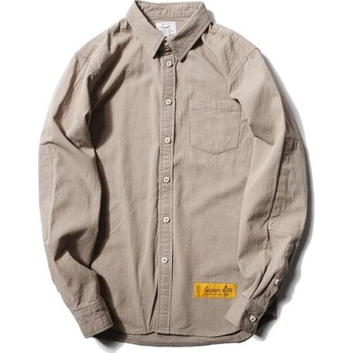 GS0492 Japan Style Men Cargo Shirts Tactical Vintage Distressed Loose Long Sleeve Heavy Cotton Patchwork Youth Male Clothing