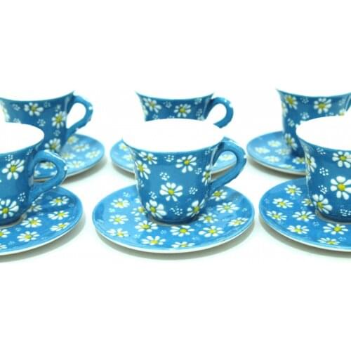 Handmade Tile Ceramic Daisy Pattern Coffee Cup Set - Blue