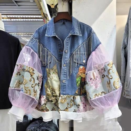 Korobov 2021 New Women Denim Jackets Korean Mesh Embroidery Patchwork Hollow Out Lace Coats Streetwear Tassel Female Jacket