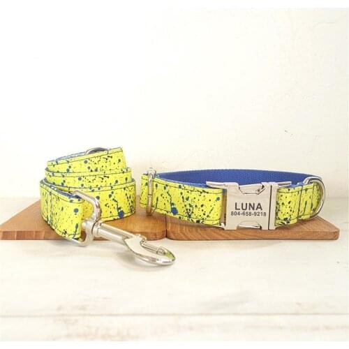 Personalized Splash Ink Pet Collar Customized Puppy ID Tag Adjustable Blue Yellow Paint Splashing Basic Dog Collars Leash Set