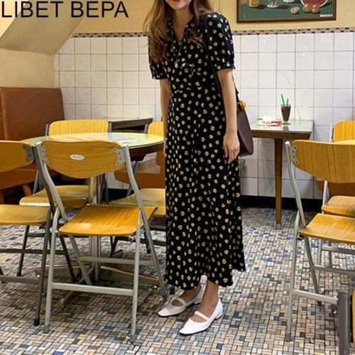 2021 New Summer Women Dresses V-Neck High Waist Print Floral Lace Up Fashionable Casual Vintage Loose Female Long Dress DR2082