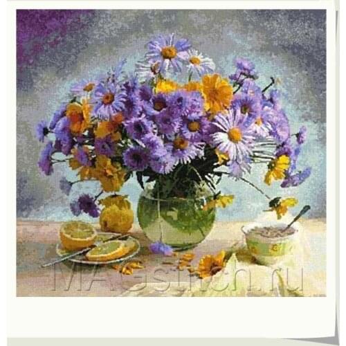 Lovely kit 19-20 Cross stitch Handmade 14CT Counted Canvas DIY,Cross-stitch kits,Embroidery Purple and yellow bouquet 65-61
