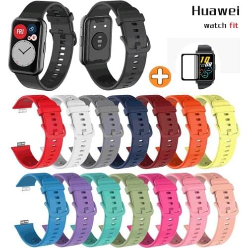 Rubber Strap for Huawei Watch Fit Smart Wristband Bracelet Sport Band + 2 pcs 3D Curved Full Edge Soft Protective Film Cover