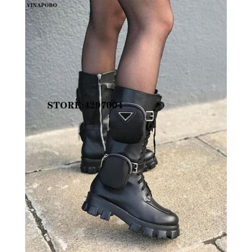 New knee high Pocket Boots Women brand Platform shoes Genuine Leather Motorcycle long Boots Female Thick sole Black Winter Boots