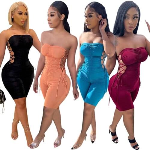 Sexy off Shoulder Bandage Jumpsuit Women Summer Shorts Tight Hollow out Palysuit Bodycon Rompers One Piece Outfit 2021 Clubwear