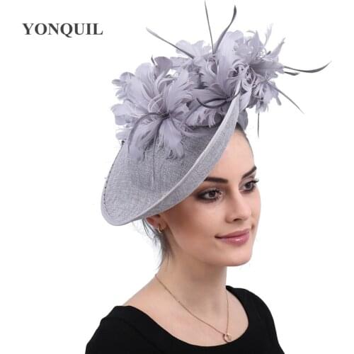 Grey Millinery Caps With Headbands Accessories Imitation Sinamay Derby Cocktail Hat Women Bridal Hair Fascinators Feather Fancy