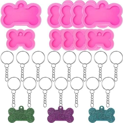 Dog Bone Resin Silicone Molds, 10Pcs DIY Cute Dog Tag Epoxy Resin Mold with 20 Pcs Keychains for DIY Crafts Making