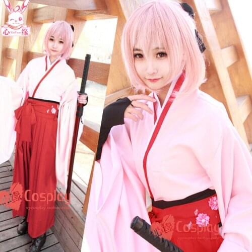 [Stock]2017 New Fate Grand Order Red Sakura Saber Okita Souji Kimono Uniform Cosplay Costume Halloween Suit For Women Outfit New