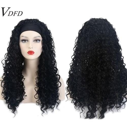VDFD Long Black Deep Wave Headband Wig Synthetic for Black Women Curly Natural Hair for Daily Use Heat Resistant Fiber