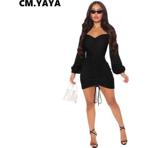 CM.YAYA Women Mini Dress Full Lantern Sleeve V-neck Shirring Bodycon Skinny Dresses Sexy Fashion Vestidos Autumn Outfits 2021