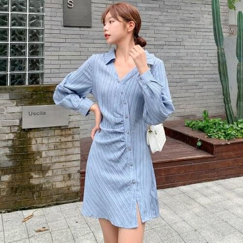 Hebe&Eos New Autumn Elegant Dresses For Women Blue Striped Shirt Dress Femme Sexy V-neck Casual Dress Long Sleeve Vestidos 2021