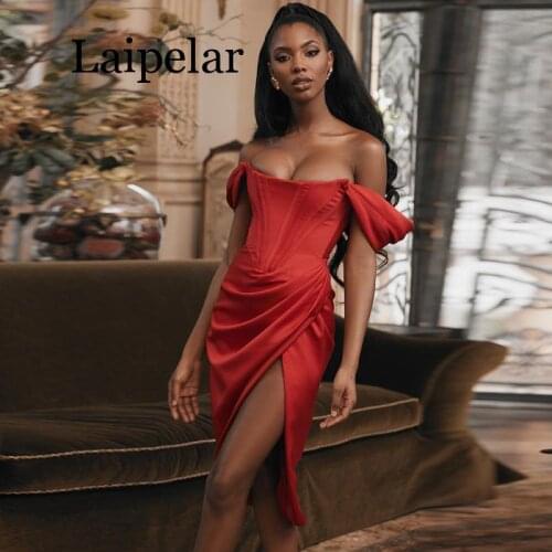 2020 Summer Red Off Shoulder Sexy Dress Women High Split Strapless Club Bodycon Dress Backless Elegant Midi Party Dresse