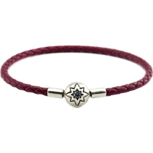 100% 925 Sterling-Silver-Jewelry Burgendy Clasp Leather Bracelets Free Shipping