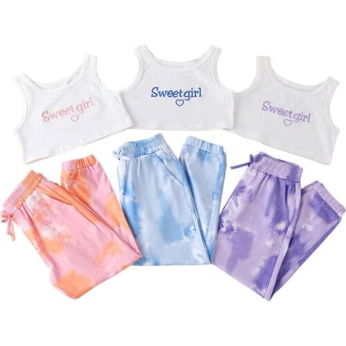 2021 Kids Suit Set, Summer Letter Embroidery Round Neck Camisole+ Tie-Dyed Long Pants for Girls, 2-7 Years