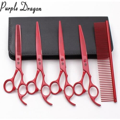 Purple Dragon 7.0-inch pet scissors straight tooth scissors curved scissors hair trimmer tool with multi-color comb 5 pieces set