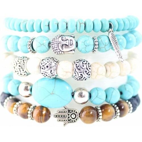 New arrival boho stone bracelet set hamsa hand beads 5pcs set stretch bracelets for women femme summer jewelry party gift