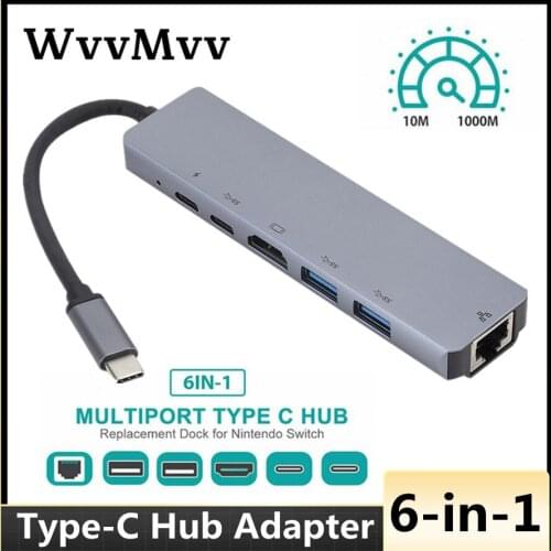 WVVMVV Notebook Accessories USB-C Hub Multi USB Docking HUB Converter 2 USB 3.0 HDMI-compatible Type-C PD RJ45 6 in 1 PC Adapter