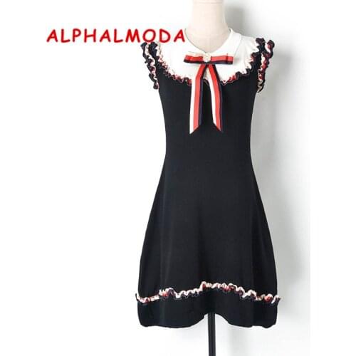 ALPHALMODA Summer Vintage Bowknot Knit Dress Sleeveless Slim Pearl Brooch Heavy Work Trendy Girl Quality Knitting Vestidos