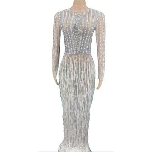Sparkly Rhinestone Pearl Fringes Long Dress Women Evening Prom Party Birthday Dresses Sexy Tassel Stage Costume Luxury Outfit