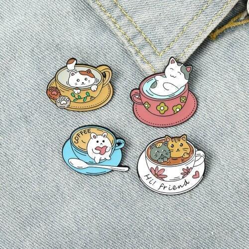 Cute Cup Cat Coffee Enamel Pins Custom Brooch Bag Clothes Lapel Pin Kitten Cafe Animal Badge Jewelry Gift for Kids Friends