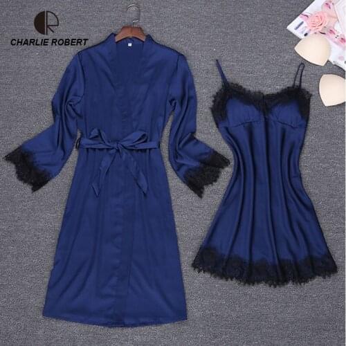 CR Silk Satin Lace Sexy Lingerie Bathrobe Robe Sets Robe & Nightgrown Set Pajama Sleeping Dress 4 colors Robe Home wear AP555