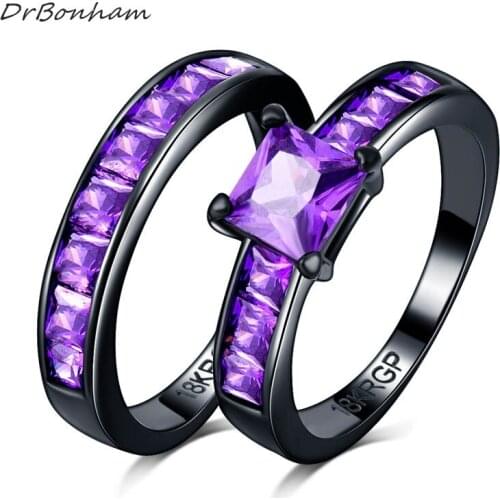 DrBonham Noble purple square CZ Zircon couple Rings Set black Gold filled Wedding alliance For Women DR1733