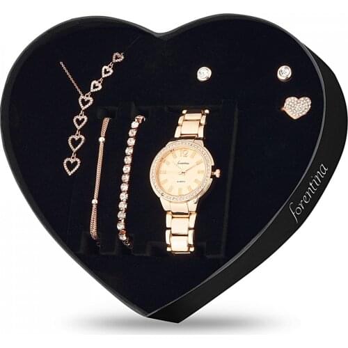 Forentina Rose Sallantılı Kalp Kolye Küpe Bileklik Saat Hediye Set PS1412