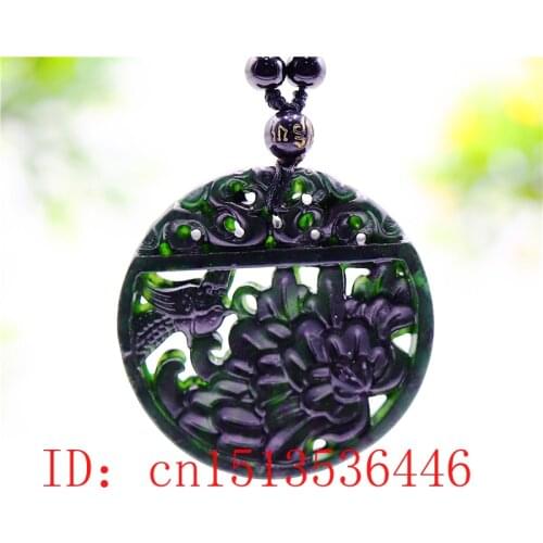 Chinese Natural Black Green Jade Flower Bird Hollow Double-sided Pendant Necklace Jewellery Man Woman Amulet Gifts Sweater Chain