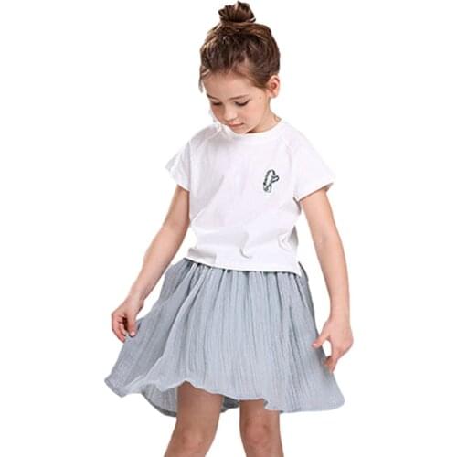 Summer Girl Skirts 2021 New Fashion Long Skirt Kids Beach Style Pleated Skirt Children Clothing Gray/white 3-10Y Girl Costume
