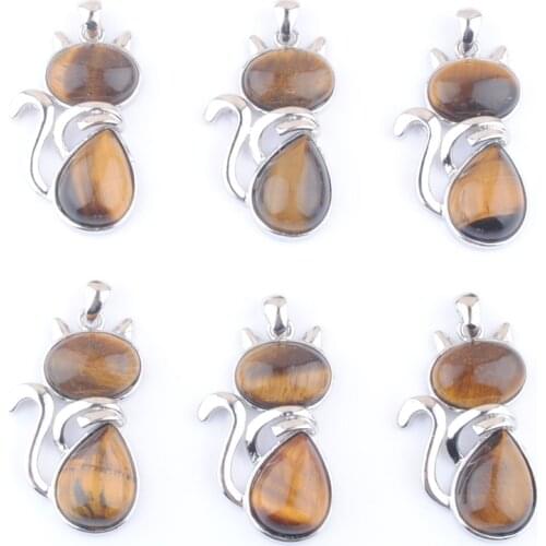 Hot Selling Wholesale 6Pcs/Lot Lovely Kitty Cat Animal Pendants Tigers Eye Natural Stone Beads Classic Fashion Jewelry QN3562