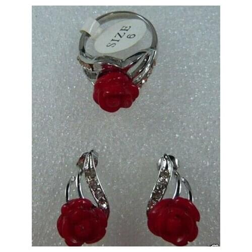 Womens Wedding Jewelry Heart Red GEM Flower Stud Earring Ring Set Ms. girl Wedding-jewelry moda real Ms. girl Wedding-jewelry