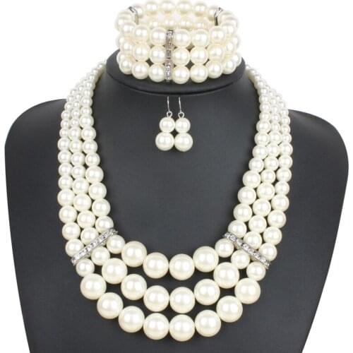 Women Jewelry Sets Multi Layer Imitation Pearls Rhinestone Pendant Necklace Drop Earrings Pearl Bracelet Sets Jewelry for Women