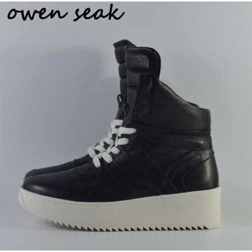 Owen Seak Men Shoes Genuine Leather High-TOP Ankle Boots Luxury Trainers Boots Casual Lace-up Flats Fog Shoes Black Big Size