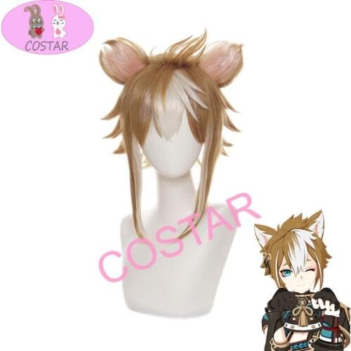 Gorou Cosplay Wig Game Genshin Impact Gorou Short Brown White Wig with Ears Synthetic Hair Heat Resistant Halloween Role Play