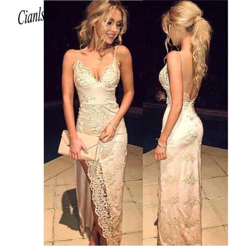 New Gorgeous Spaghetti Straps Prom Dresses Lace Appliques With Front Split Sexy Backless Celebrity Party Evening Gowns robe
