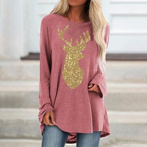 Christmas Long Casual T-shirt Elk Leopard Print Sleeves Printed Long-sleeved All-match Tops Autumn/winter Loose Harajuku Style