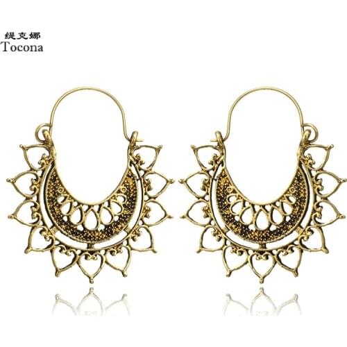 Tocona Vintage Antique Gold Silver Color Hollow Heart Hoop Earrings Ethnic Punk Piercing Earring Brincos for Women Jewelry 6678