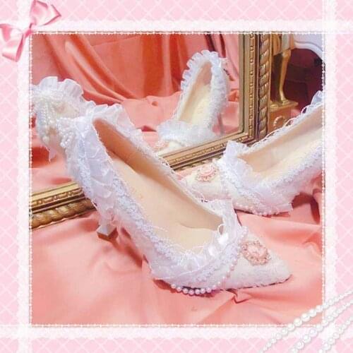 French girl style retro palace lace pearl high heel 9cm shallow mouth pointed womens shoes kawaii shoes cosplay Lolita loli
