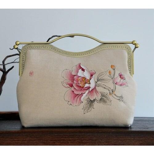 High-End Handbag National Style Retro Hand-Painted Peony Cheongsam Cloth Hanbok Bag Shoulder Bag Womens Messenger Bag Travel Bag