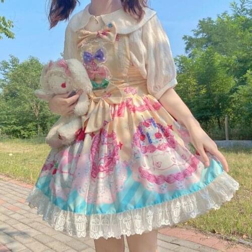 Japanese Girls Cute Jsk Lolita Dress Sweet dessert cake Cartoon Print Sleeveless Dress Women Ruffled Princess Dresses