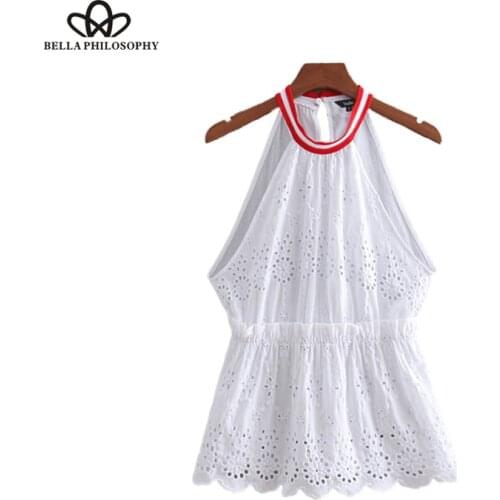 Bella Philosophy women sexy halter ruffled blouse embroidery hollow out eyelet sleeveless shirt ladies white chic tops blusas