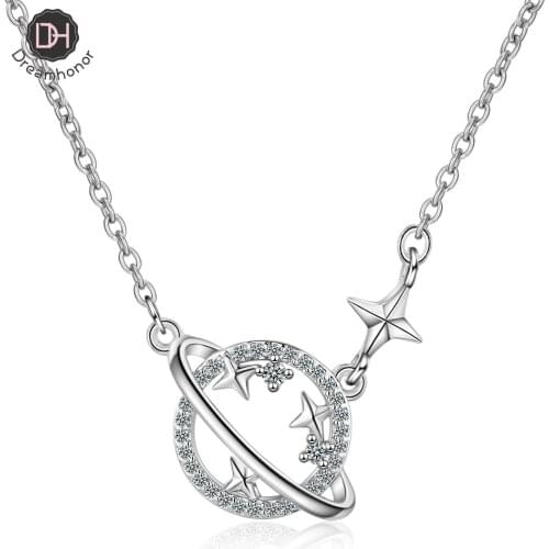 Dreamhonor Planet Necklace For Women Rhinestone Circle Round Pendant Chokers Creative Female Saturns Pin Necklaces Jewelry Gifts